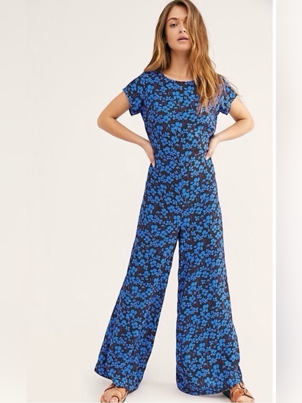 Free People Hailee Open Back Electric Blue Floral Jumpsuit, size M